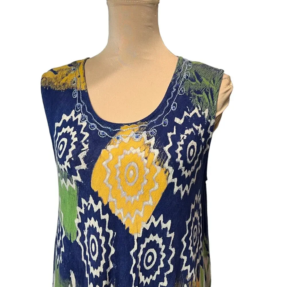 S.R. Fashion  Gauzy Midi Tie Dye Dress Navy Green Yellow  OS